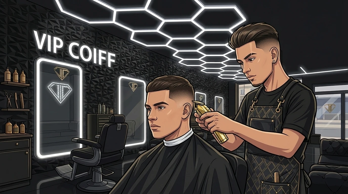 Barbier réalisant un dégradé américain sous les néons hexagonaux VIP COiFF
